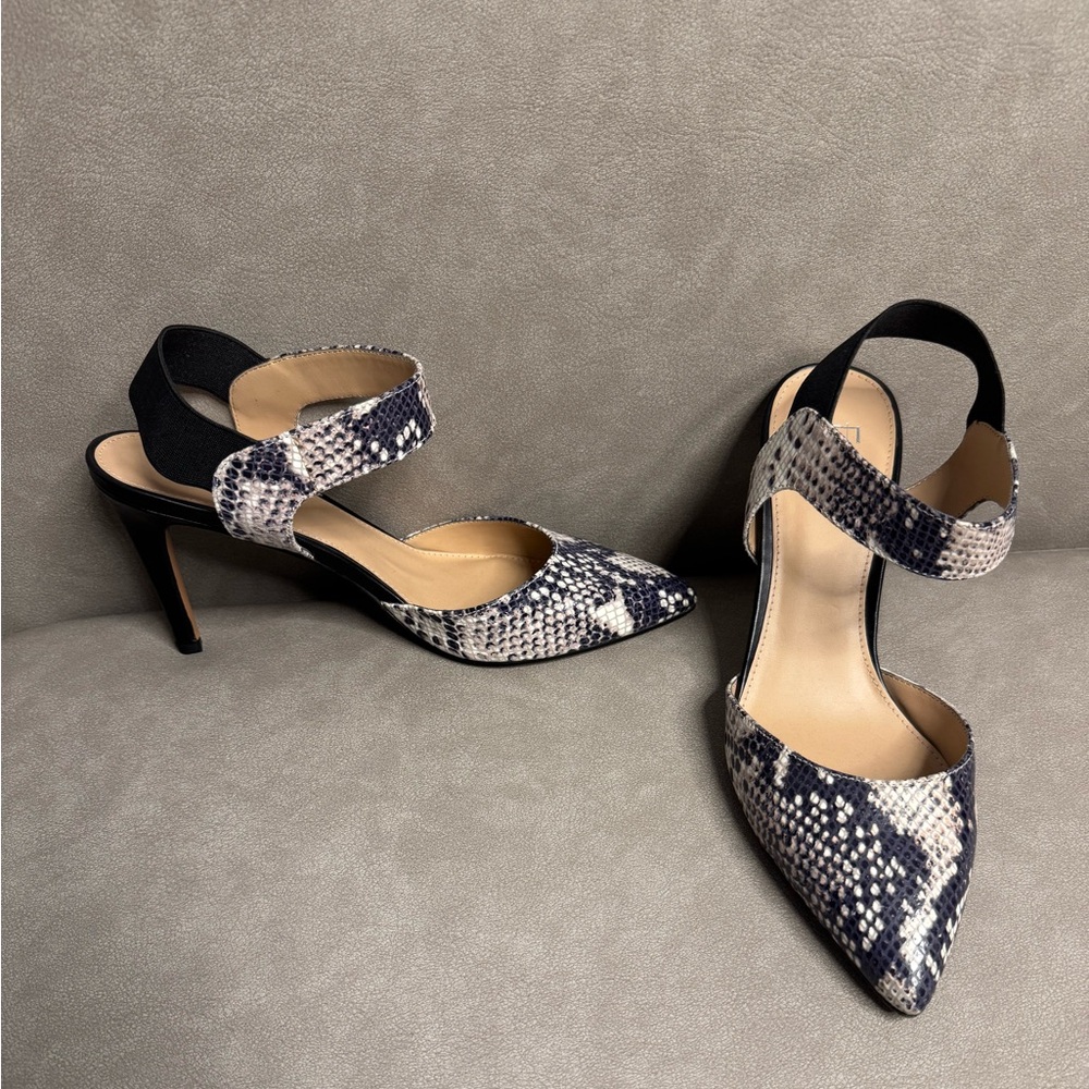 Franco Sarto Black and Cream Snakeskin Heels